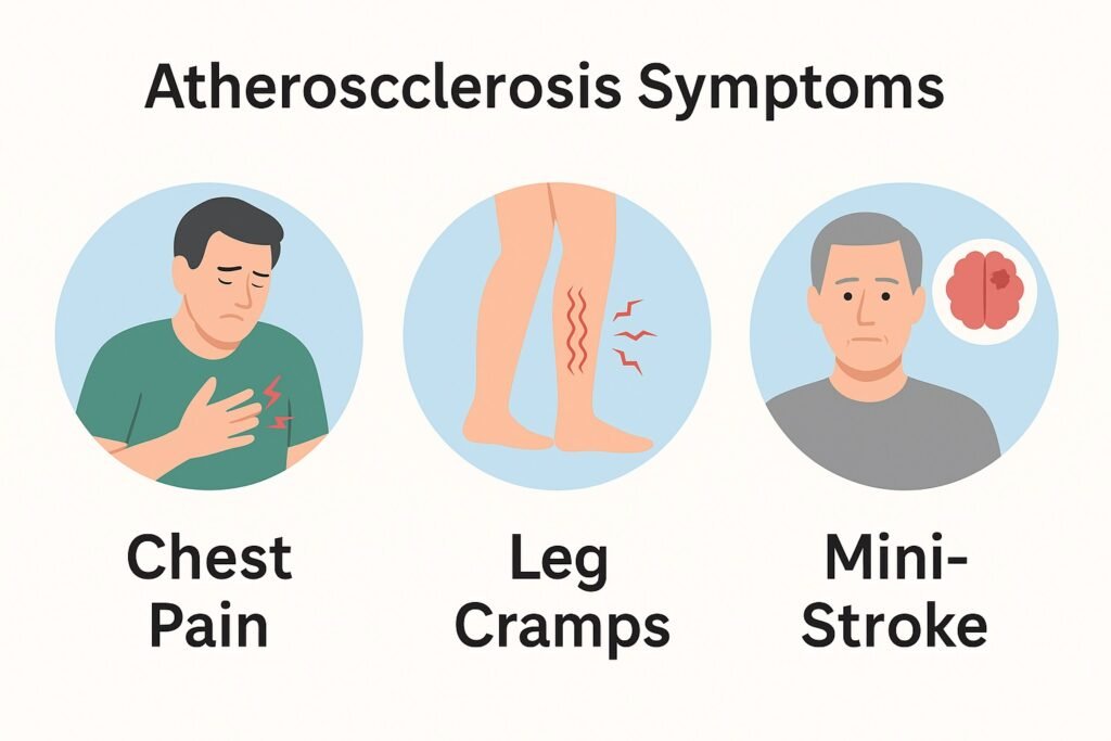 atherosclerosis symptoms infographic showing chest pain, leg cramps, and mini-stroke warning signs